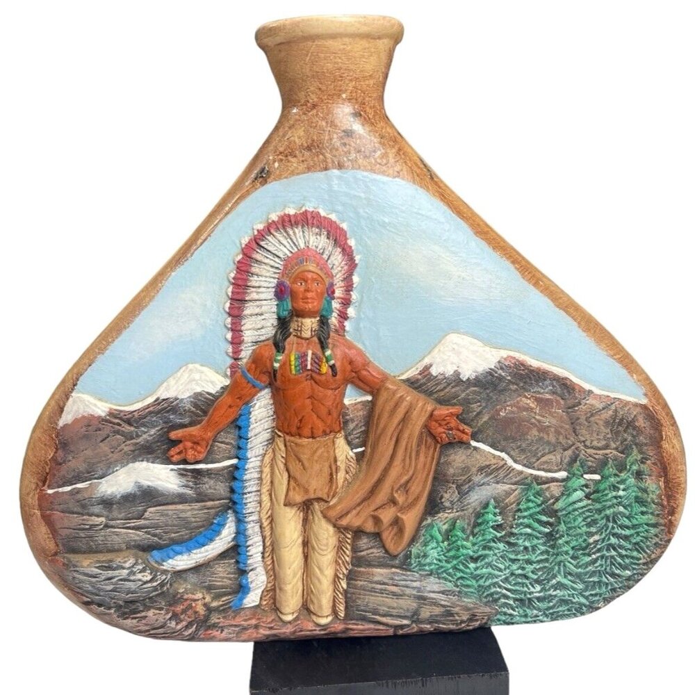 Older? Native American Indian Chief Ceramic 3D Hand Painted Vase 9' H  X 10.5' W